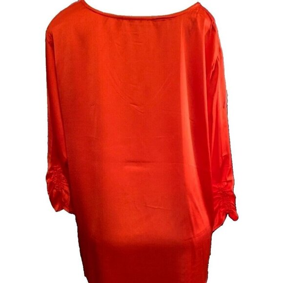 Jessica London Plus 18W Fire Red Satin V-Neckline 3/4 Ruched Sleeve Blouse - Picture 5 of 7